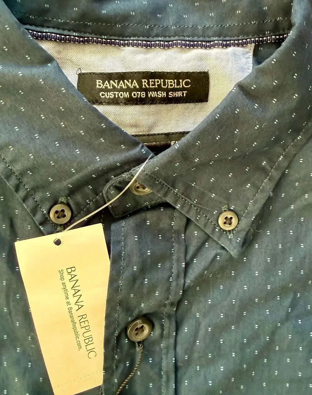 Banana Republic Custom 078 Wash Shirt Tailored Slim Fit Navy Dot Print